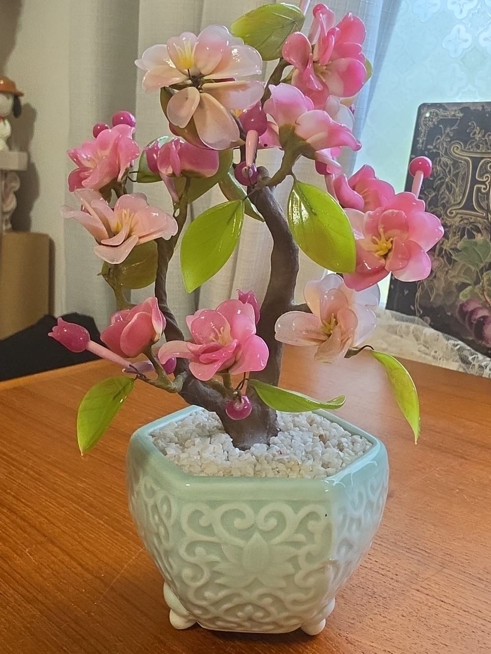 Vintage Chinese Jade Bonsai Tree Asian Flowers Celadon Pot (Small)